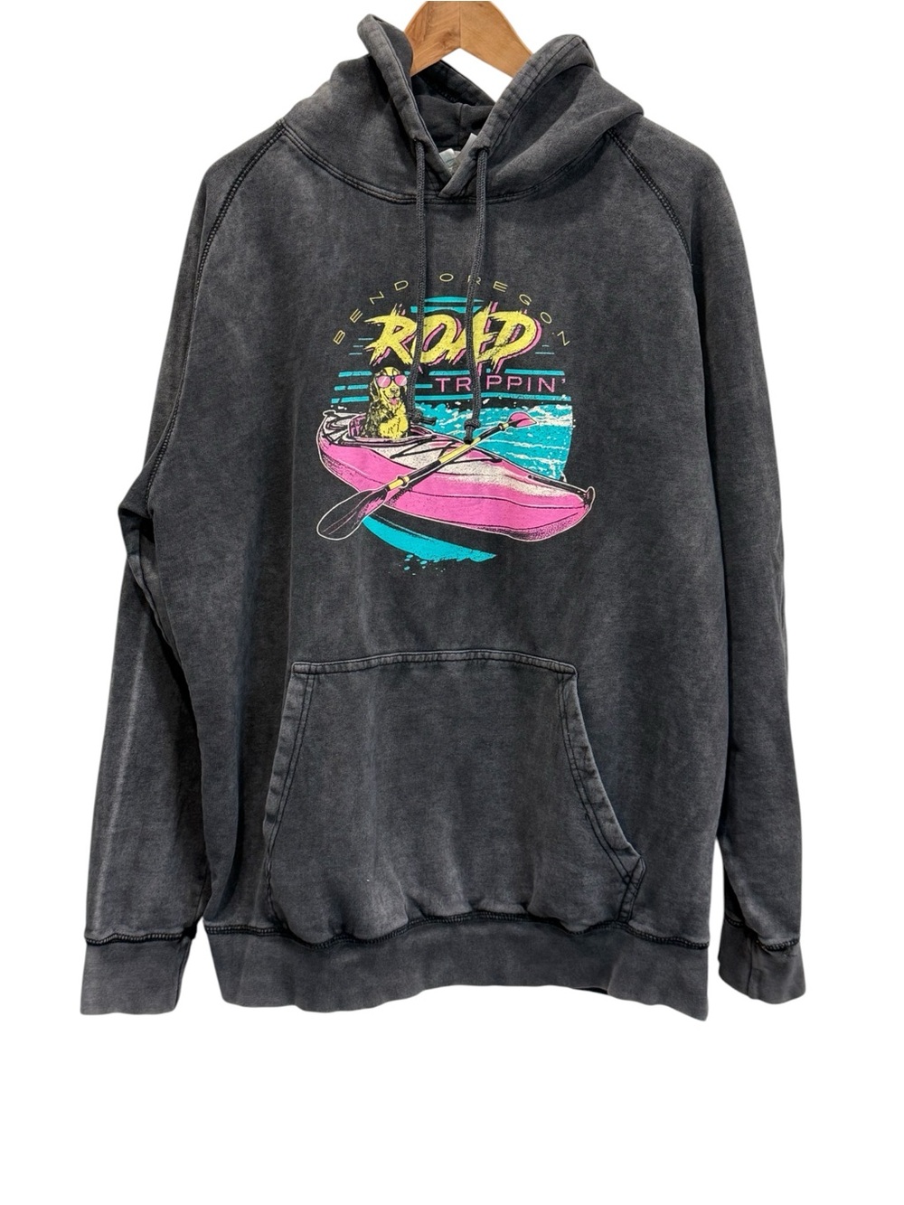 Vintage-Wash "Road Trippin’" Hoodie – Size XL – Kayaking Graphic